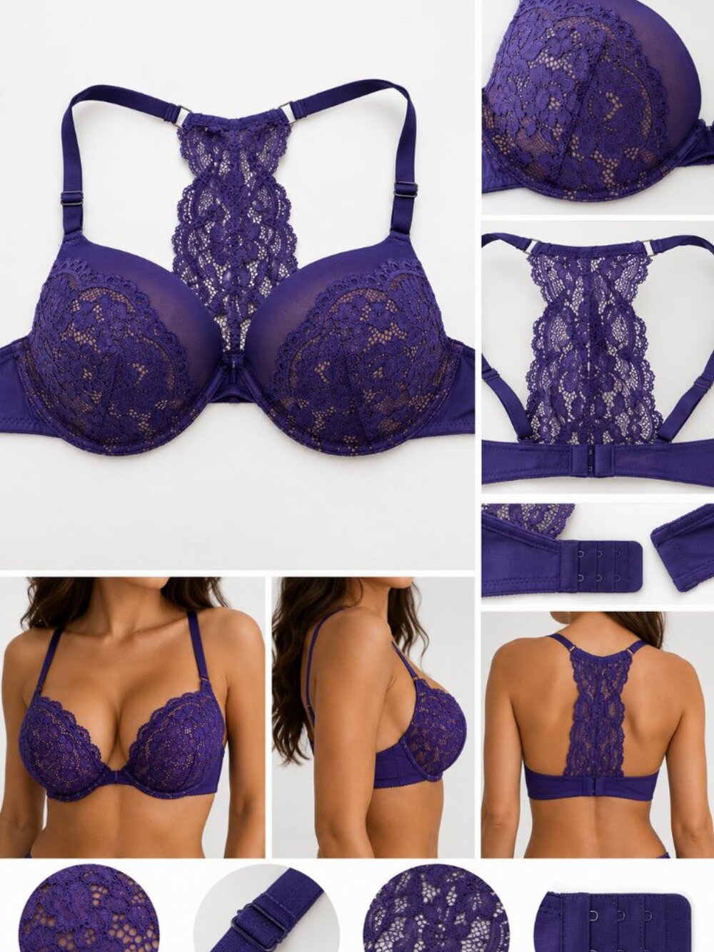 Frederick's of Hollywood Heartthrob Lace Push Up Bra Purple Underwire Racerback